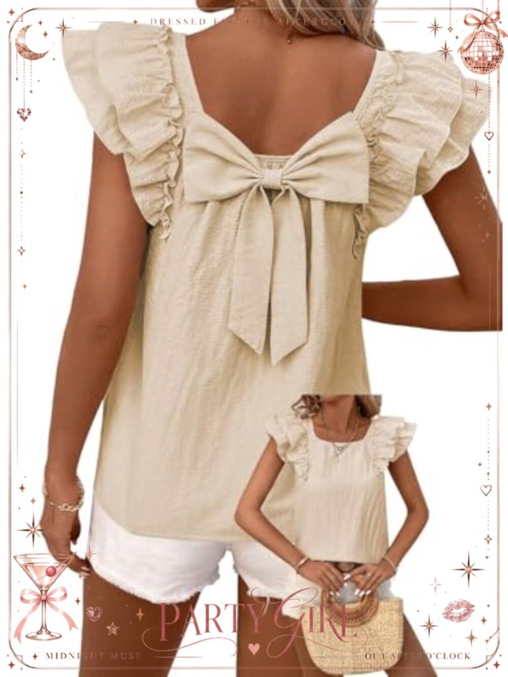 Womens Bow Tie Back Babydoll Top Ruffle Short Sleeve Blouse